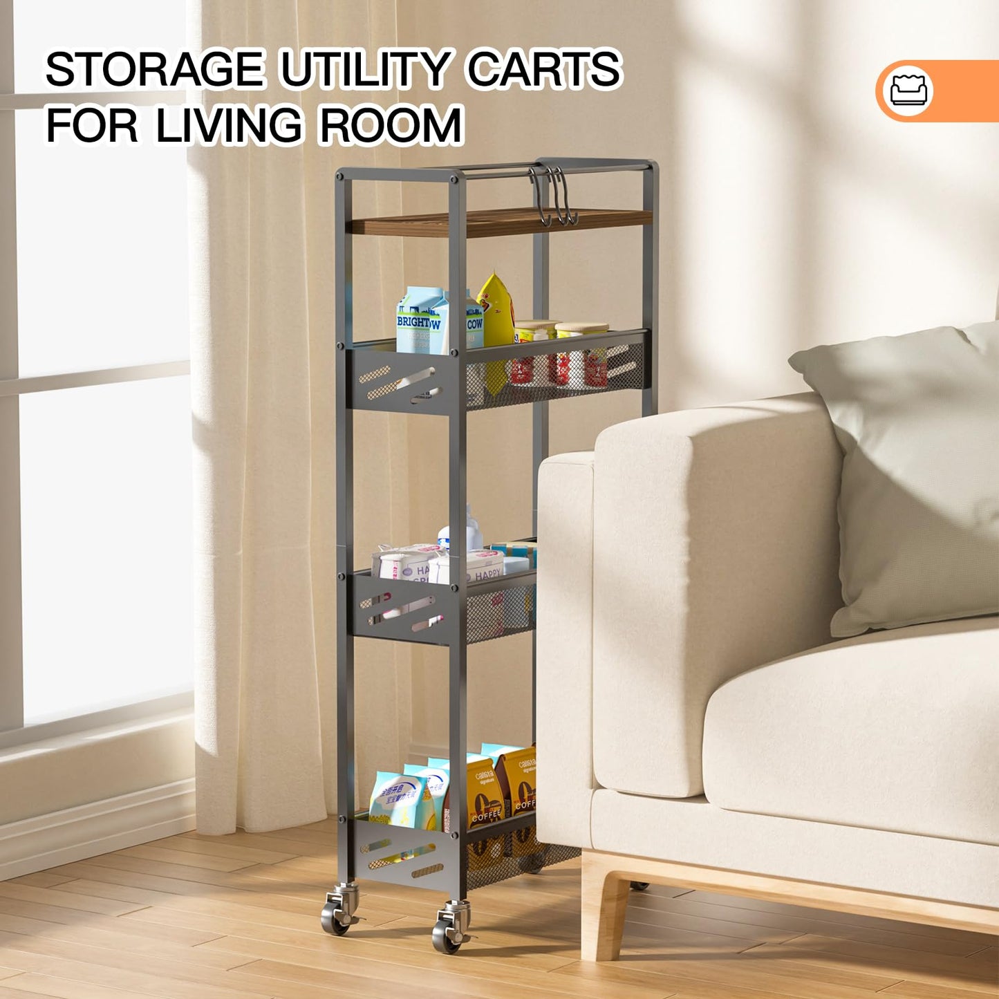 DGSNADGO Slim Rolling Storage Cart, 4-Tier Kitchen Cart on Wheels, Narrow Utility Cart with Handle and Wooden Tabletop for Small Space in Kitchen, Living Room, Bathroom, Rustic Brown and Black