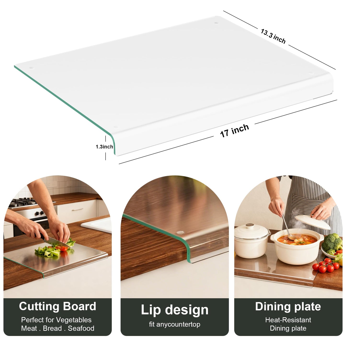 Clear Tempered Glass Cutting Board for kitchen with Counter Lip,Glass Chopping Board, Scratch-Resistant,Non-Slip (Clear)