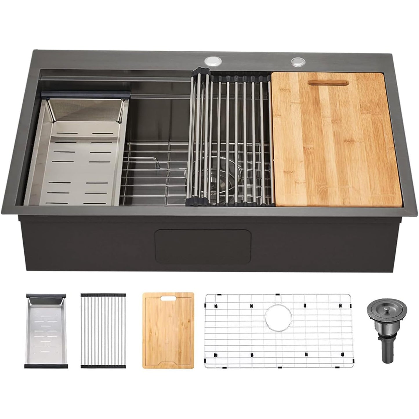 SHACO 33x22 Black Drop In Kitchen Sink, 33 Inch Topmount Gunmetal Black Stainless Steel Single Bowl Overmount Double Ledges Workstation Sink with Accessories