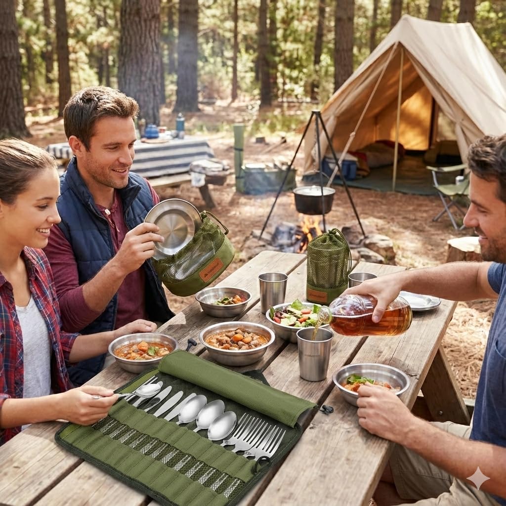 Wealers Unique Complete Messware Kit Polished Stainless Steel Dishes Set| Tableware| Dinnerware| Camping| Buffet| Includes - Cups | Plates| Bowls| Cutlery| Comes in Mesh Bags (4 Person Set) (Black)
