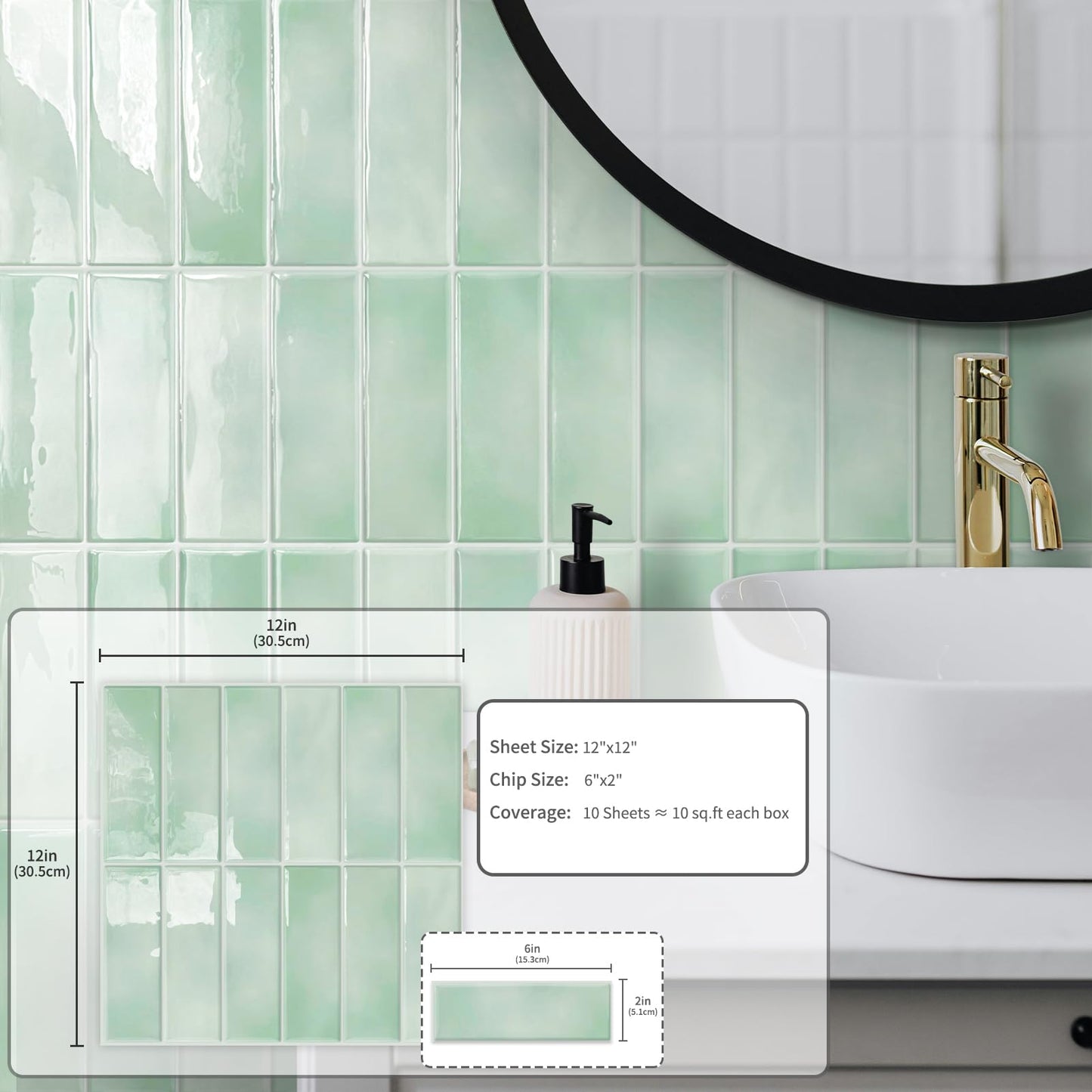 10 Sheet Peel and Stick Subway Kitchen Backsplash Tiles,3D Rectangle Waterproof Self-Adhesive Wall Tile Stick on Backsplash for Kitchen,Bathroom and Fireplace(Light Green,12"×12")
