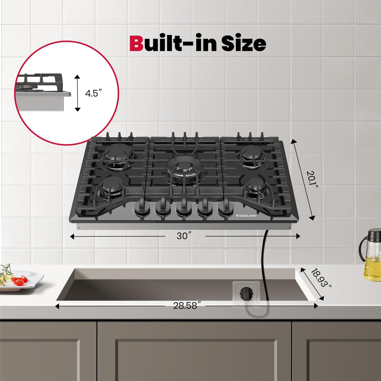 GASLAND 30'' Gas Cooktop Black, 5 Burner Propane Stove Top, Built-in Gas Cooktops NG/LPG Convertible, Plug-in with Thermocouple Protection, CSA Certified, Black