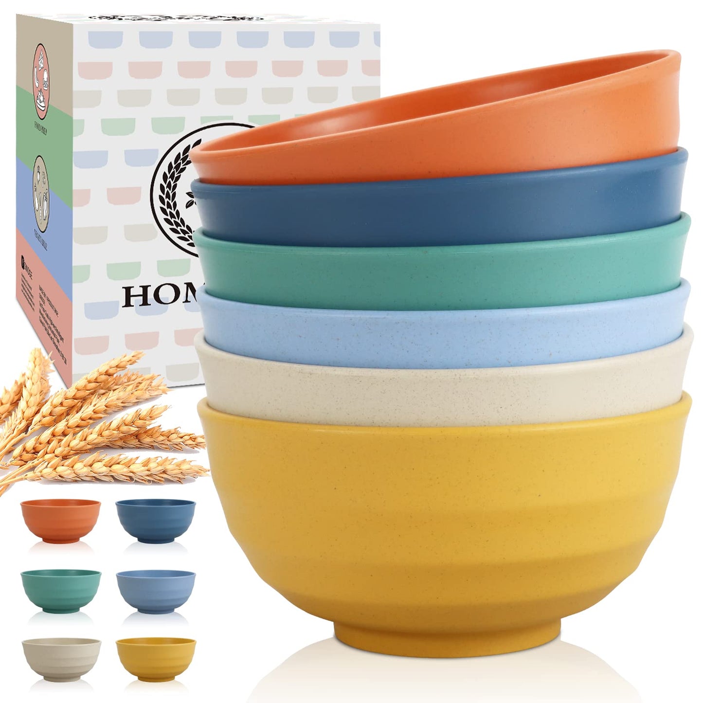Homienly Large Bowl Set of 6, 60 oz Unbreakable Wheat Straw Bowls, Microwave Safe & Reusable for Salad, Cereal, Soup, Ideal for Camping, Picnic, Family Dining (Multi)