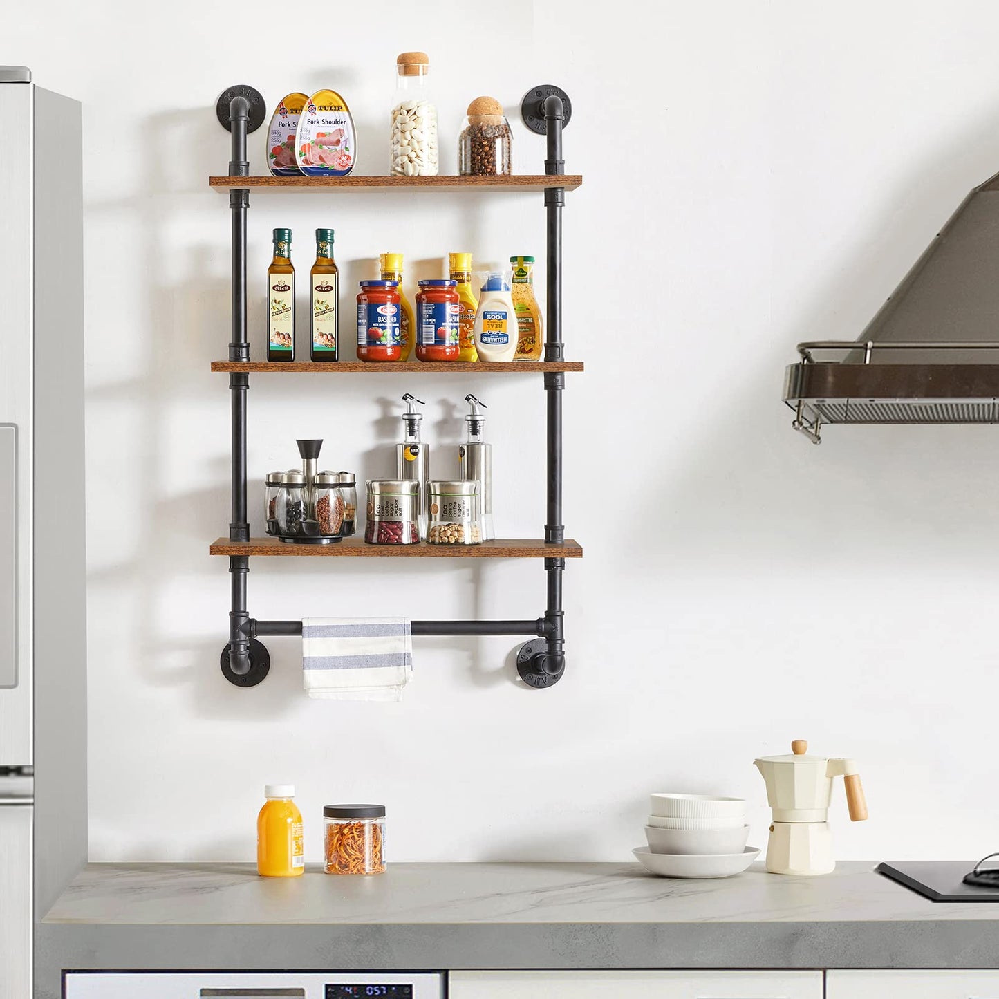 IBUYKE Industrial Pipe Shelf,40.5 inches Wall Mount Bookcase,3-Tier Wall Shelf with Towel Bar,Rustic Iron Pipe Floating Shelvesfor Bedroom,Kitchen,Living Room,Bathroom URF-TM015