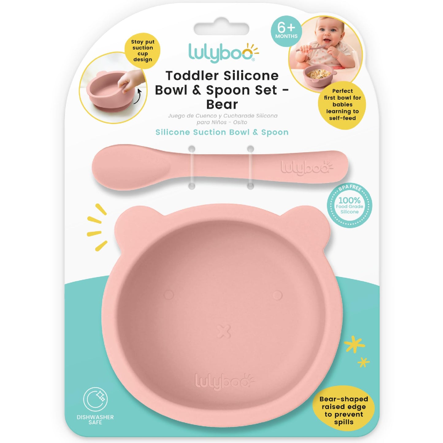Lulyboo Silicone Bear Suction Bowl & Spoon Set for Babies & Toddlers - Food-Grade Silicone, Non-Spill Anti-Slip Base, Soft Gumming Spoon, Durable & Dishwasher Safe, Ideal for Self-Feeding