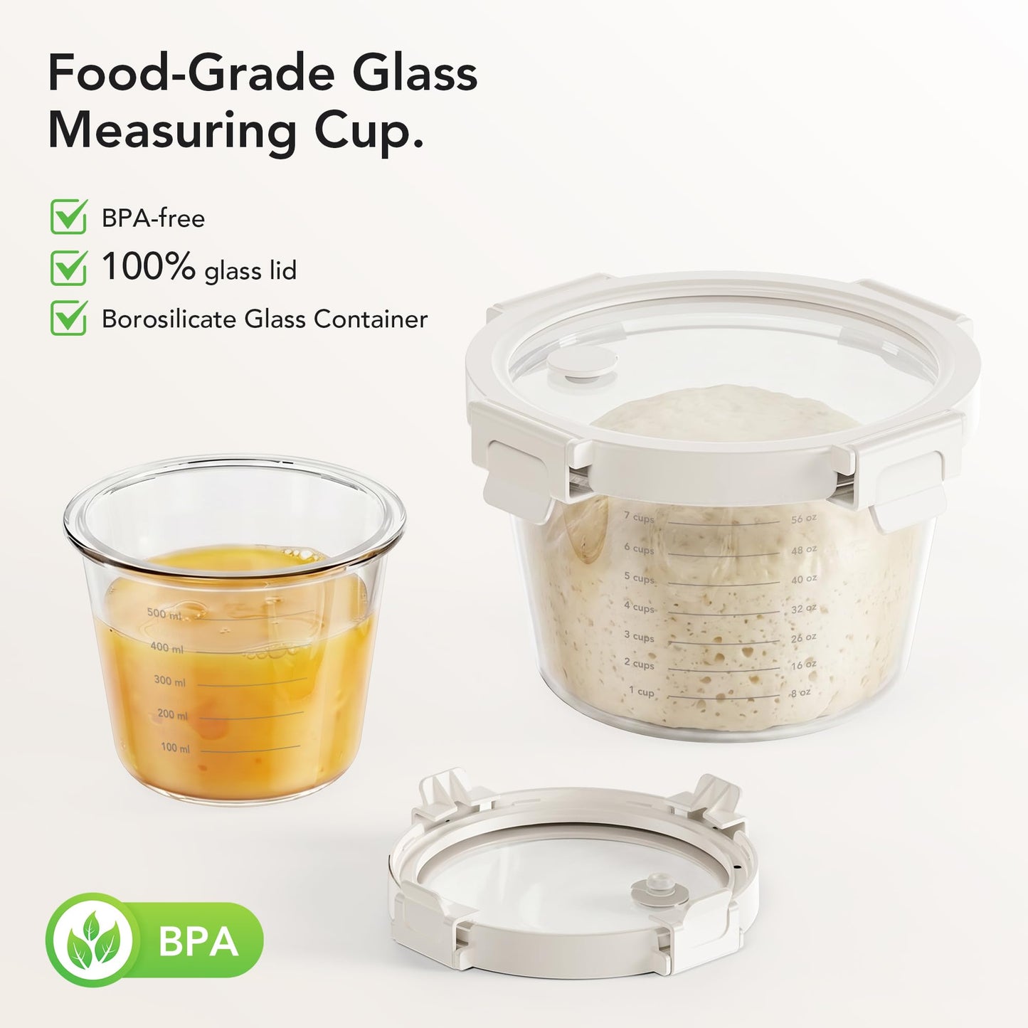 Genicook Glass Measuring Cup with Lid, 2 Pack (24 & 71 oz), BPA Free Borosilicate, Airtight Leakproof, Ideal for Sourdough Starter, Fermentation & Baking, Microwave & Oven Safe