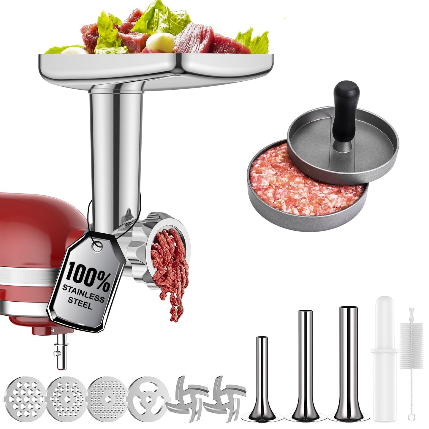 Stainless Steel Meat Grinder for KitchenAid Mixer, Meat Grinders, Sausage Stuffer, Burger Press, For Kitchen Aid Meat Grinder Attachment for KitchenAid Stand Mixer, Dishwasher Safe