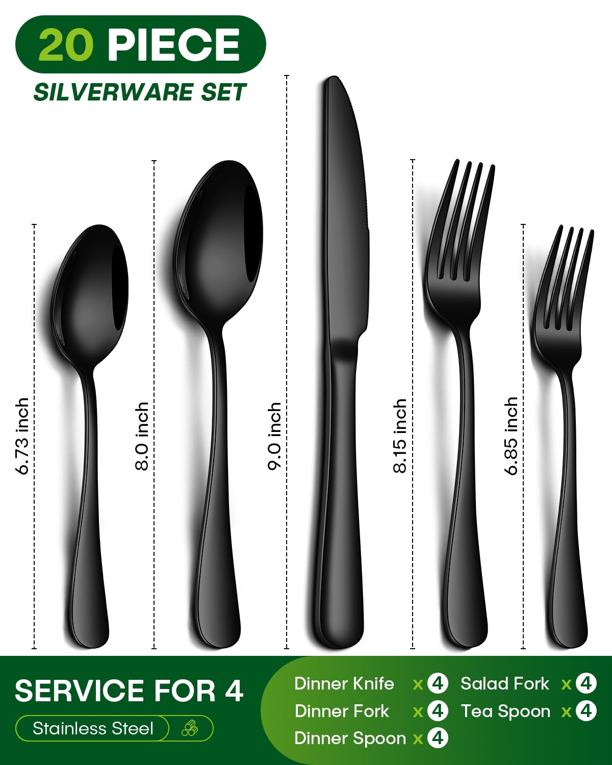 PHILIPALA 20 Piece Black Silverware Set, Stainless Steel Flatware Set for 4 Food Grade Cutlery Utensil Set Include Knife Fork Spoon Mirror Polished Dishwasher Safe