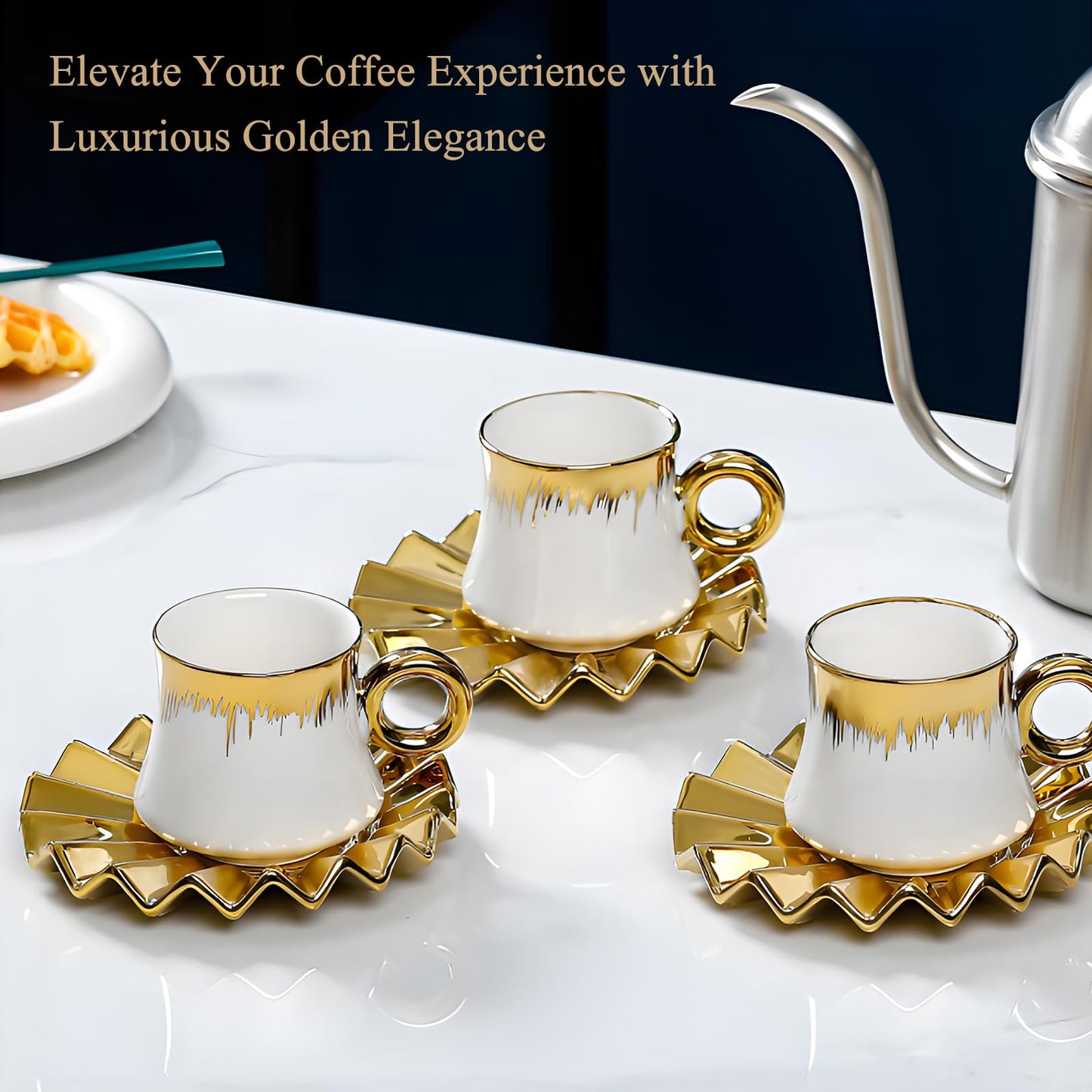 Kytree 3.5oz Ceramic Turkish Coffee Cup Set of 6, Porcelain Espresso Cups and Saucers British Italian Cappuccino Cups with Gold Trim for Double Espresso Cappuccino Latte Mocha Tea (White)