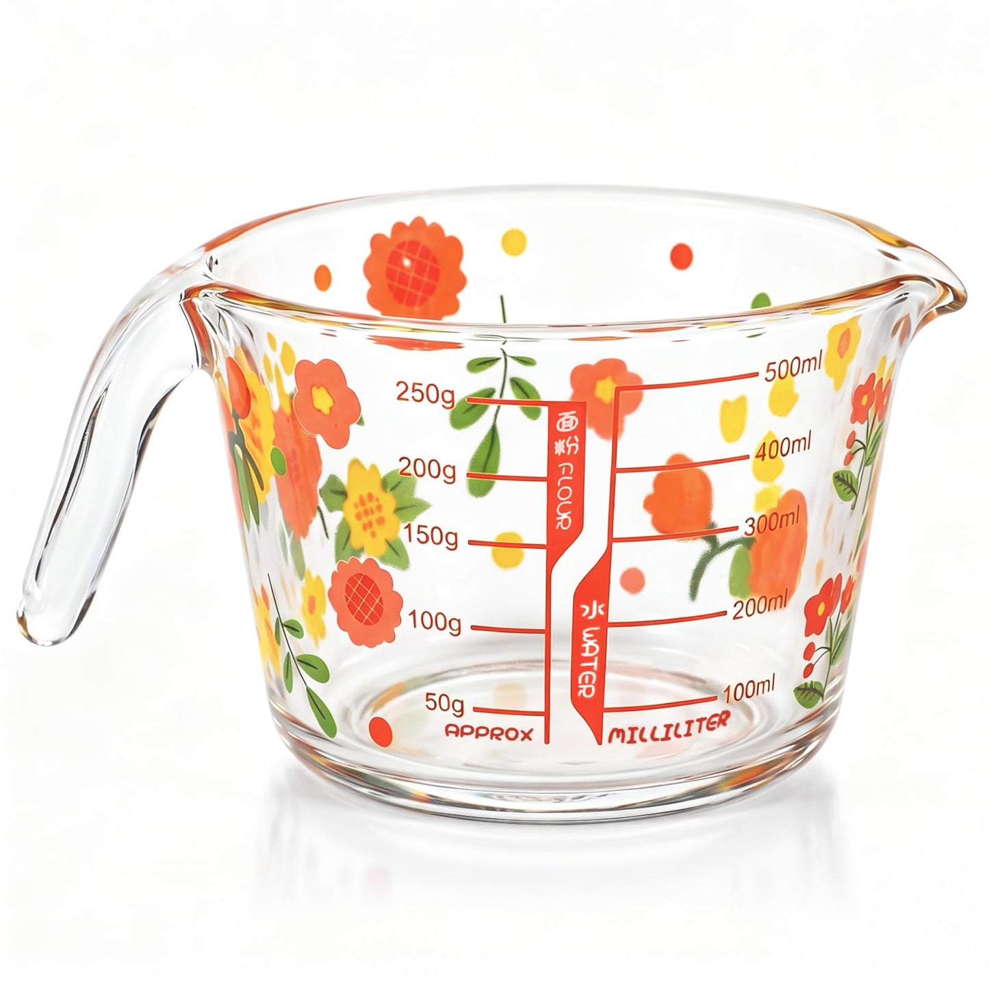 Domensi 17 OZ Floral Glass Measuring Cup with Handle and Pouring Spout Clear Milk Cup for Kitchen Baking, Heat Resistant Glass Pitcher for Coffee Tea Microwave Safe Milk Jug(Cute Floral)