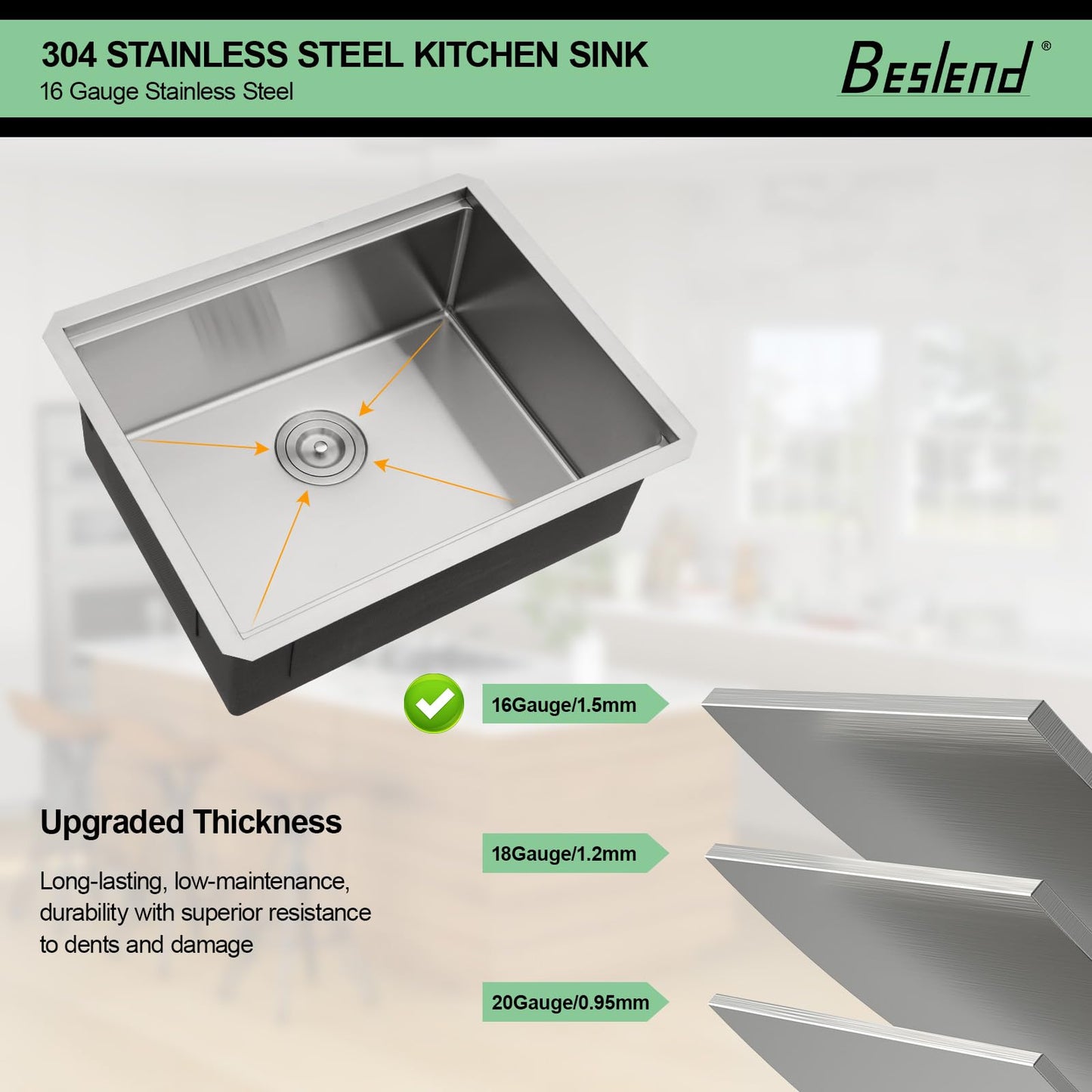 21 Undermount Bar Sink - Beslend 21x19 Inch Stainless Steel Bar Sink 16 Gauge Fully Covered Workstation Sinks RV Sinks 10 Inch Deep Under Counter Single Bowl Basin with Cutting Board