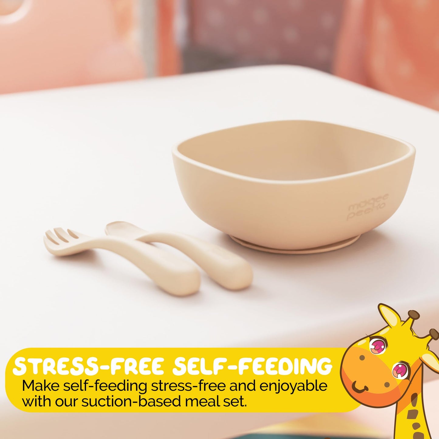 Muqee Peeko Silicone Baby Feeding Set with suction bowls for baby baby utensils 6-12 months in Beige color - (3 Piece Set) made with Baby Safe Silicone bowls for baby