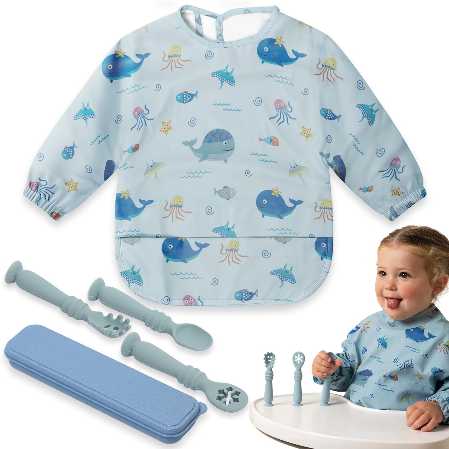 Bornealand® Baby Long Sleeve Bib - Baby Spoons 4 Months and Travel Case – Smock Bibs for Babies - Gender Reveal Gift - New Mom Gift Basket - Newborn Gift Set
