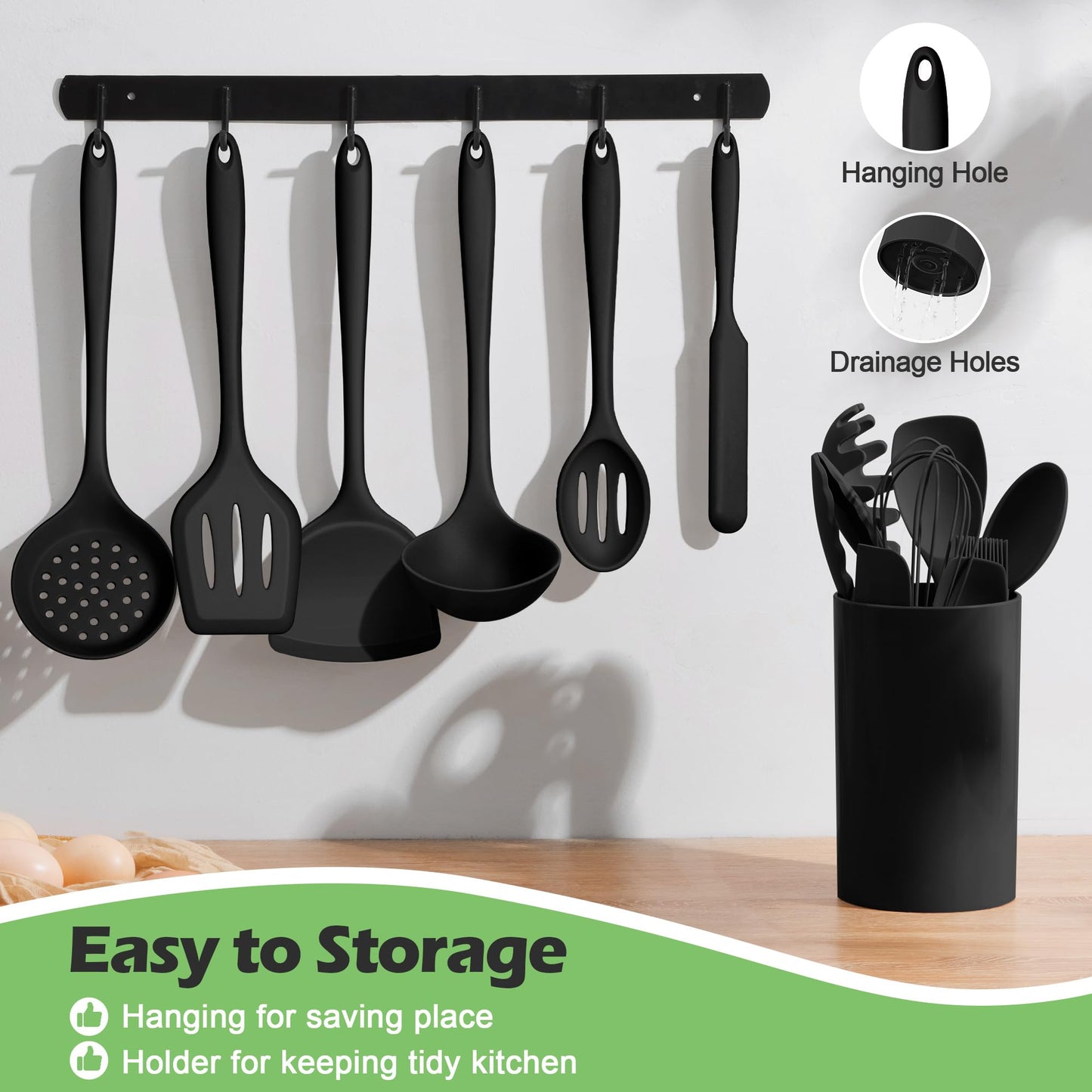 Homikit Silicone Cooking Utensil Set, 15pcs Kitchen Utensils with Holder for Nonstick Cookware, Heat Resistant Nontoxic Silicone Spatula Set Dishwasher Safe Kitchen Tools for Baking-Black