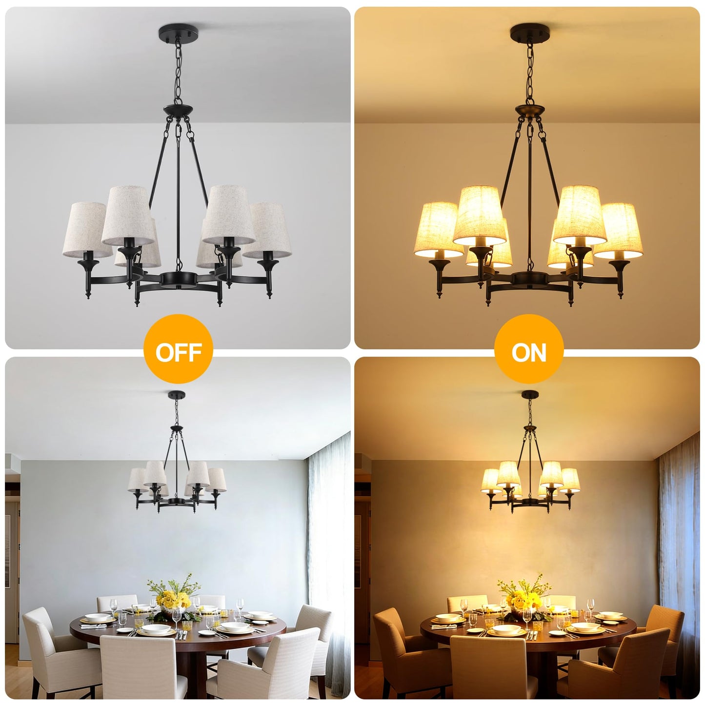 Xeruyiwa Black Industrial Farmhouse Chandelier, 27.2" 6-Light Pendant Light with Linen Fabric Shades, Adjustable Hanging Fixture for Kitchen Island Dining Room Bedroom Entryway