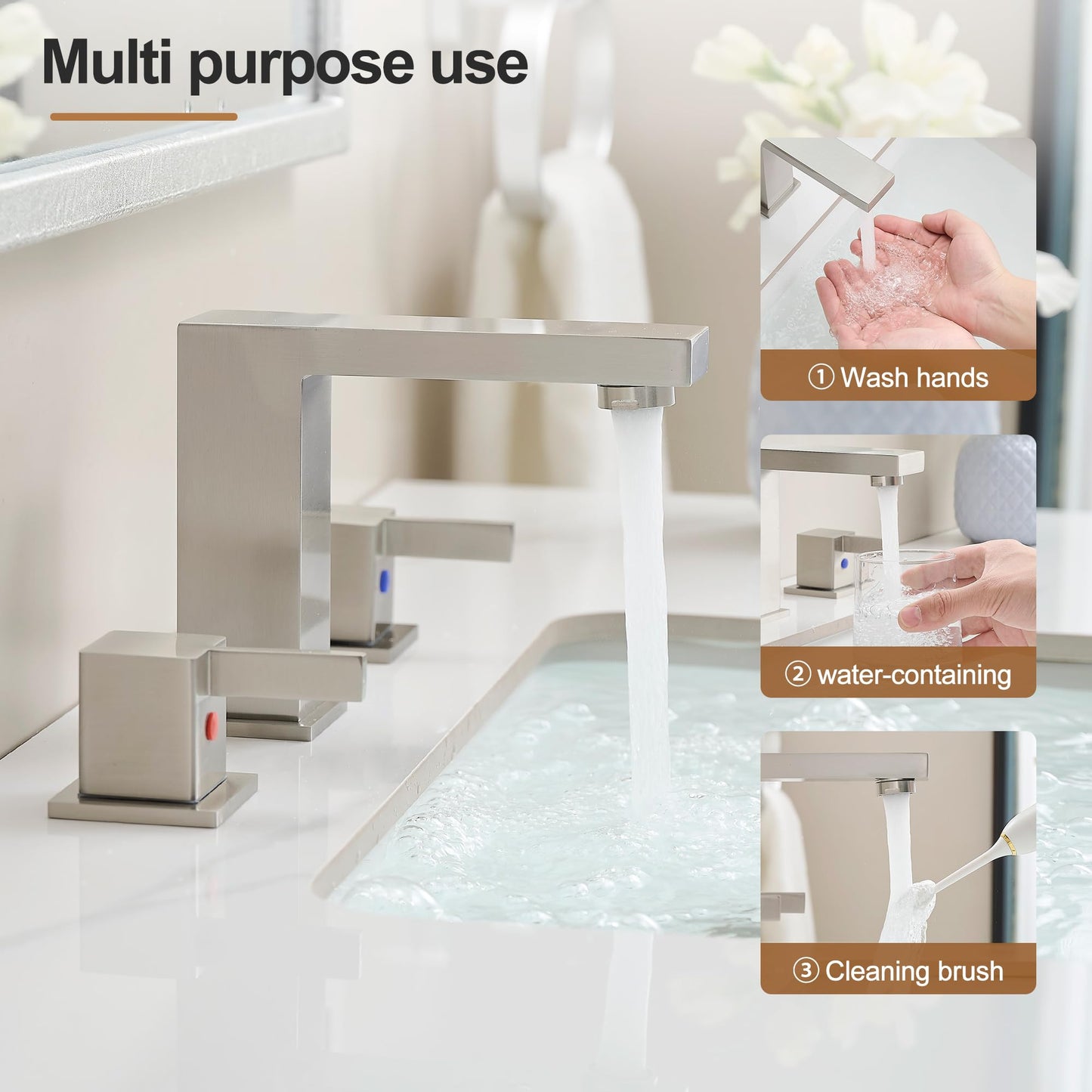 Thaliaha 8 Inch Widespread Bathroom Faucet 3 Hole, 2 Handle Brushed Nickel Vanity Sink Faucet for Lavatory, Washbasin, Vanity, Commercial, with Deck, Pop-up Drain and cUPC Supply Hoses