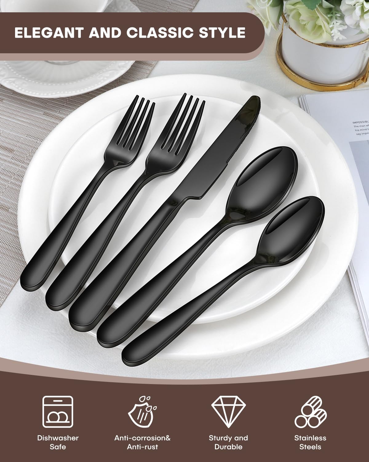 Ollex 30 Pieces Black Silverware Set for 6, Heavy Duty Black Stainless Steel Flatware Set Include Knives Forks Spoons Set Premium Modern Utensil Mirror Polished, dishwasher Safe