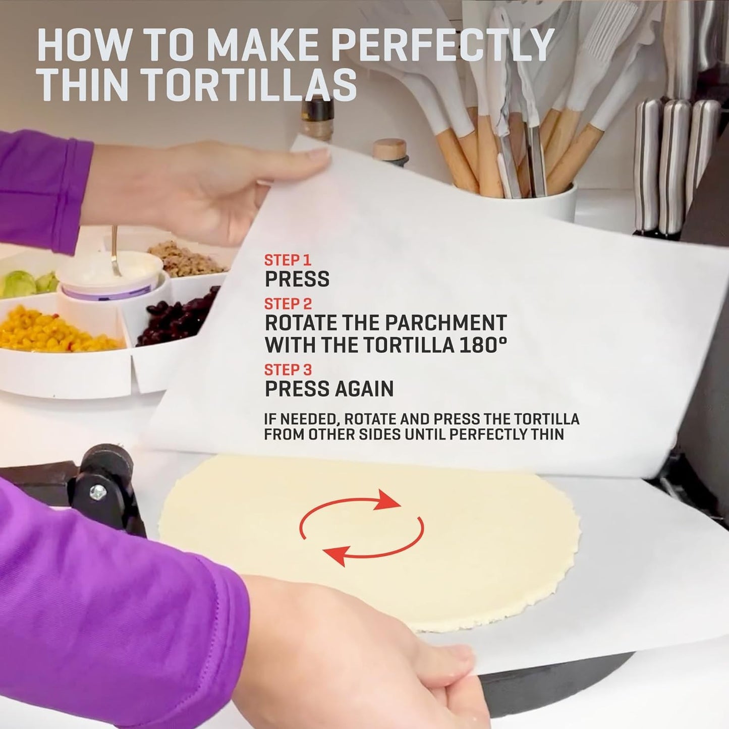 Uno Casa Cast Iron Tortilla Press 8 Inch - Tortilla Maker Press, Pre-Seasoned Roti Maker with 100 Pcs Parchment Paper - Heavy Duty Quesadilla Maker for Homemade Flatbreads, Rotis, Empanadas