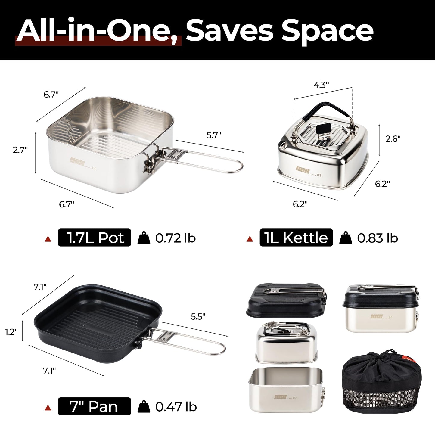 Alocs Camping Cookware Set, Stainless Steel Pot, 7-inch Non-Stick Pan, Portable Kettle, Outdoor Cooking System with Carry Bag for Kitchen, Picnic, Hiking, Backpacking,Fishing and Campfire