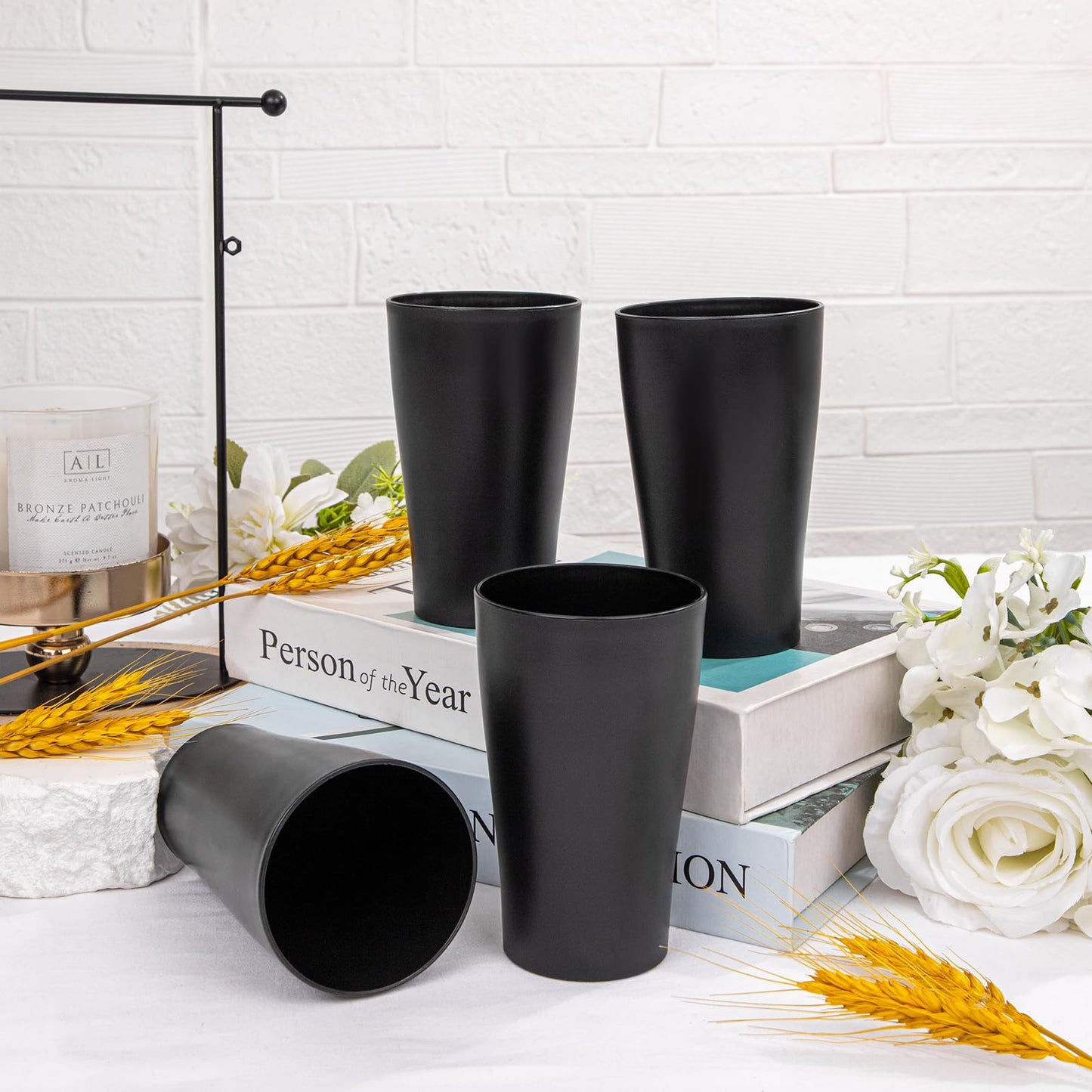 EI Black Wheat Straw Cups Set of 8,Drinking Glasses,Reusable Plastic Cups,Unbreakable Cups for Kitchen,Dishwasher Safe Water Glasses Tumblers,Suitable for Dinner on Picnic Outdoor Activities Dormitory