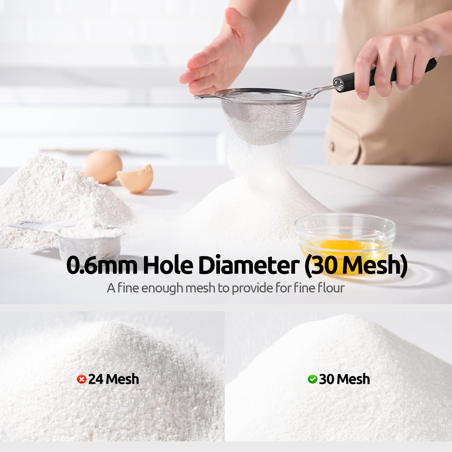 18/8 Stainless Steel Mesh Strainer: U-Taste 3.9 Inch Kitchen Fine Mesh Sieve Food Colander with Riveted Sturdy Silicone Handle and 30 Mesh Hole for Straining Flour, Quinoa, Tea, Juice (Black)
