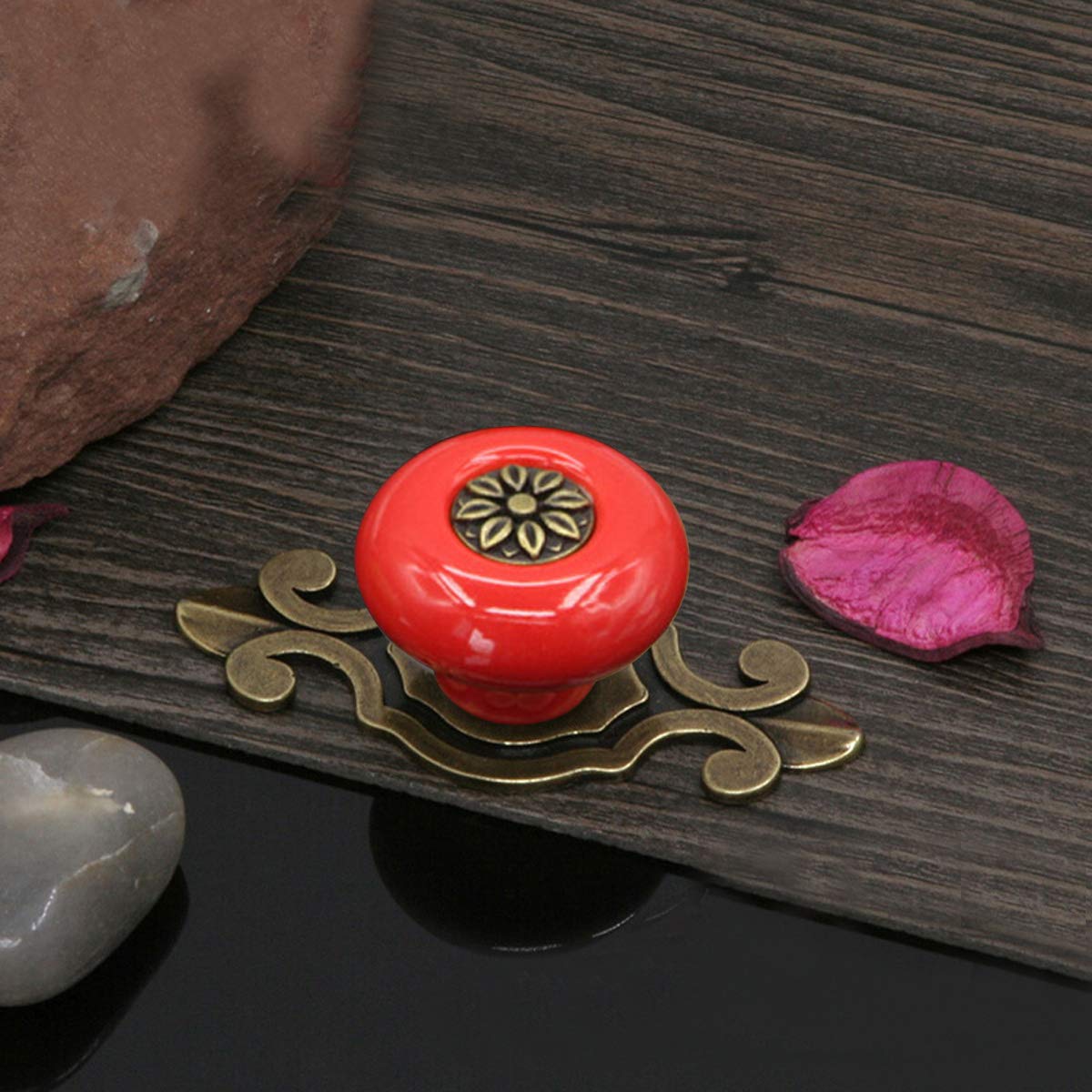 HUAMULAN 10 Pack Retro Ceramic Pulls,Vintage Dresser Kitchen Petal Cabinet Knobs Zinc Alloy Base Back Plate Kid Cupboard Wardrobe Drawer Door Handles,Bronze+Red