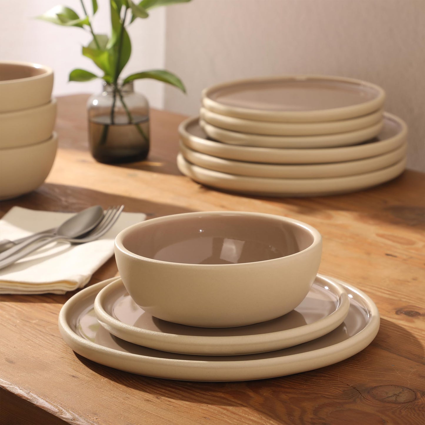 Gibson Elite - Made in Portugal - Port Gaia 12 Piece (Service for 4) Plates and Bowls Reactive Glaze Dishes Stoneware Ceramic Dinnerware Set - Taupe