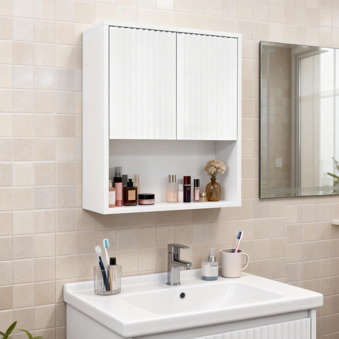 Over the Toilet Storage Cabinet, Fluted Bathroom Wall Cabinet, 23.6"Wx8.9"Dx28.7"H Bathroom Storage Cabinet with Adjustable Shelf, Wall Mounted Floating Organizer for Bathroom Kitchen Laundry, White
