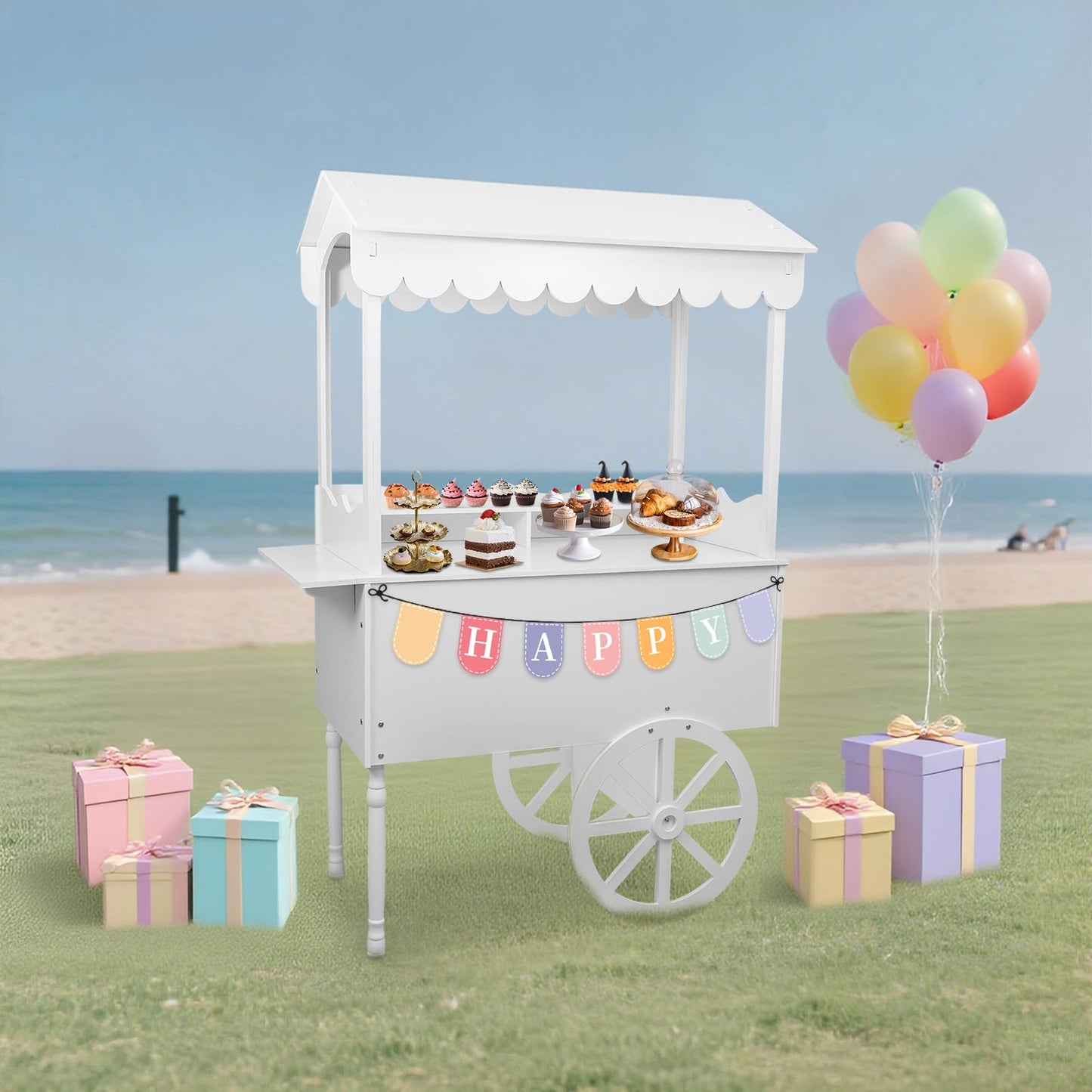 Fichiouy White Candy Cart for Party with Wheels,Wooden Dessert Display Stand,Modern Ice Cream Cart for Wedding, Home & Commercial Decoration