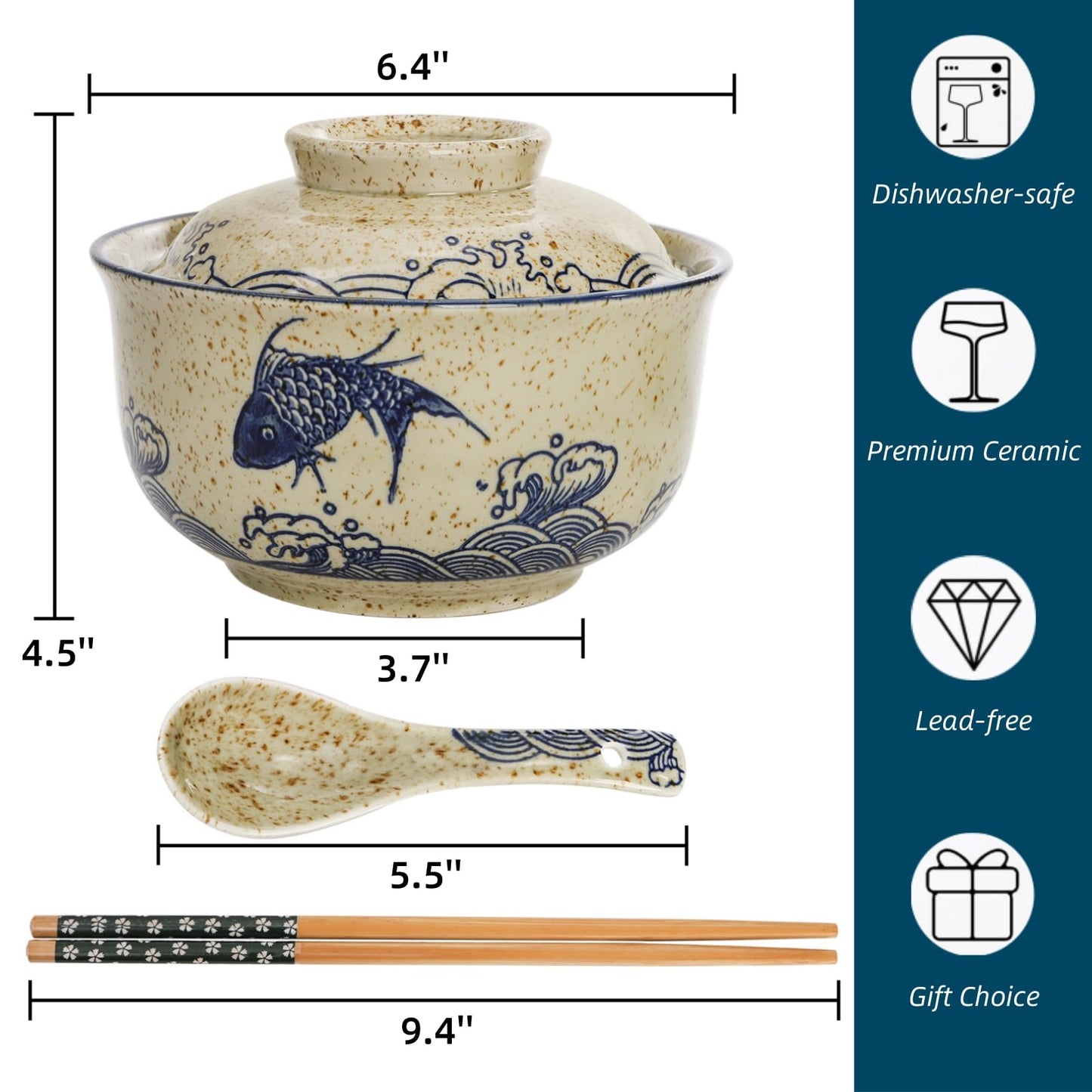 Nagpew 2 Pieces Ceramic Ramen Bowls, 25 Oz Large Soup Bowl with Lid, Spoon, Chopstick, Hand-painted Japanese Tableware for Noodles, Salad, Rice, Microwave Dishwasher safe