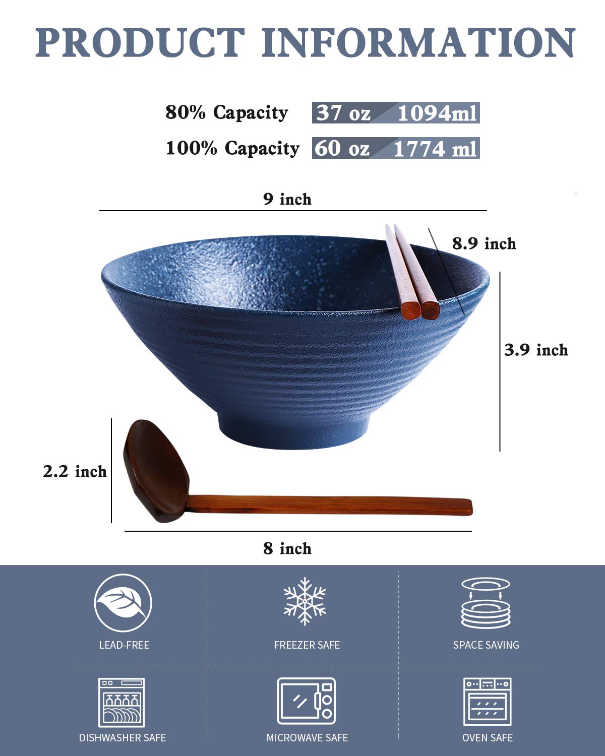 Kanwone Ceramic Japanese Ramen Bowl Set, Noodle Soup Bowls - 60 Ounce, with Matching Spoons and Chopsticks for Udon Soba Pho Asian Noodles, Set of 2, Navy