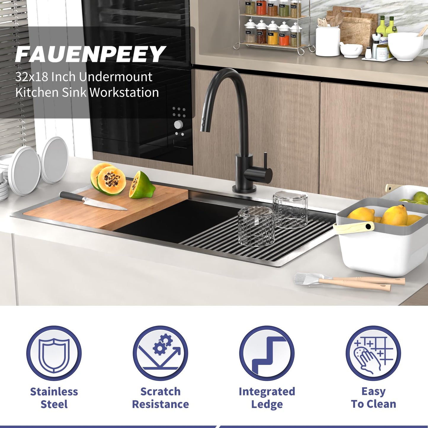 Black Kitchen Sink Workstation,32"x18" Stainless Steel Undermount Single Bowl Sink Built-in Ledge Drop In Workstation Sink Design For Placing/Sliding Accessories-Cutting Board,Drying Rack