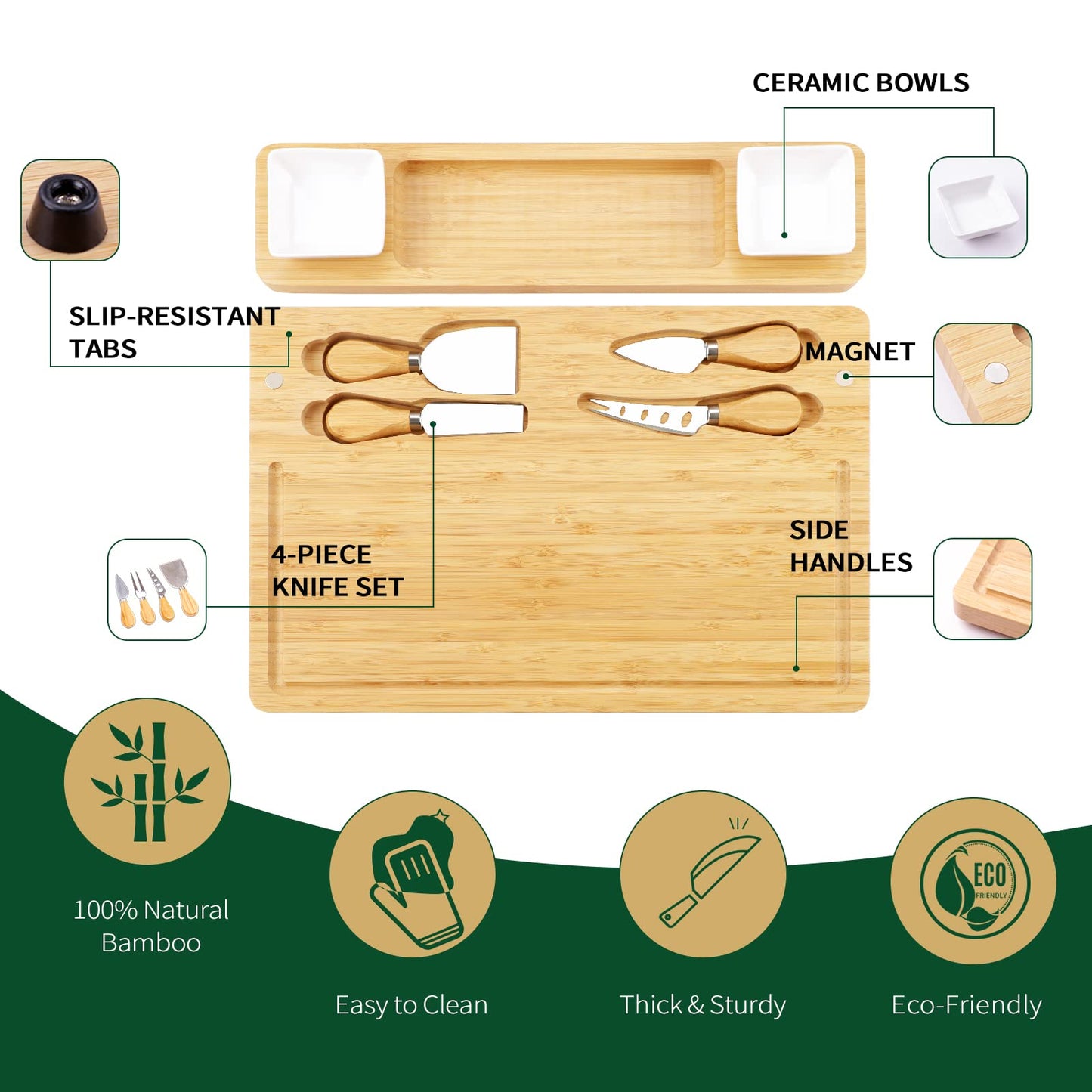 Charcuterie Boards Set, Cheese Board and Knife Set with 2 Ceramic Bowls, Bamboo Cheese Tray Serving Board - Unique, Wedding, Housewarming, Birthday Gifts