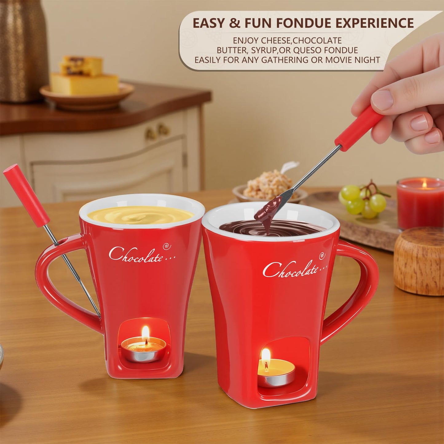 Fondue Pot Cup Set, Chocolate Melting Fondue Mugs with 2 Forks & 4 Tealights, Mini Red Ceramic Fondue Set for Cheese, Marshmallows, Sweet Fondue Cup for Date Night, Party, Wedding, or Holiday Gift