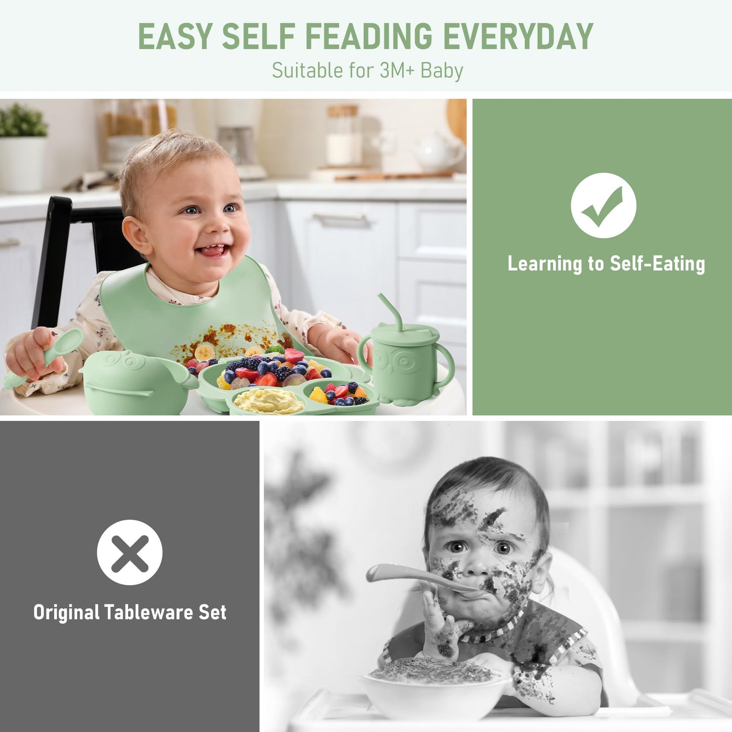 Bnditeu Baby Weaning Set, Silicone Feeding Set(10 Pcs), Toddler Set with Adjustable Bib, Suction Bowl, Plate, Fork, Spoon, Water & Snack Cup Kit, Led Kit for Babies, and Kids Green GJTZ-04