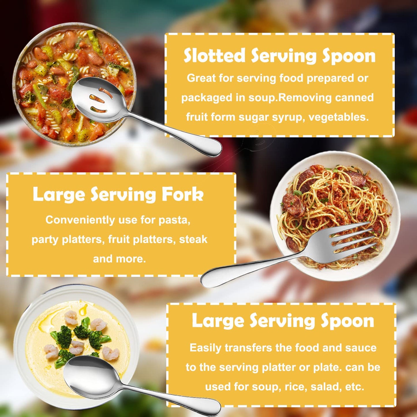 IAXSEE 8 PCS Stainless Steel Serving Utensils, Large Serving Spoons Slotted Spoons, Forks, Ice Suger Tongs, Cake Server, Soup Ladle, Metal Utensils Set Great for Buffet Catering Banquet Party, Silver