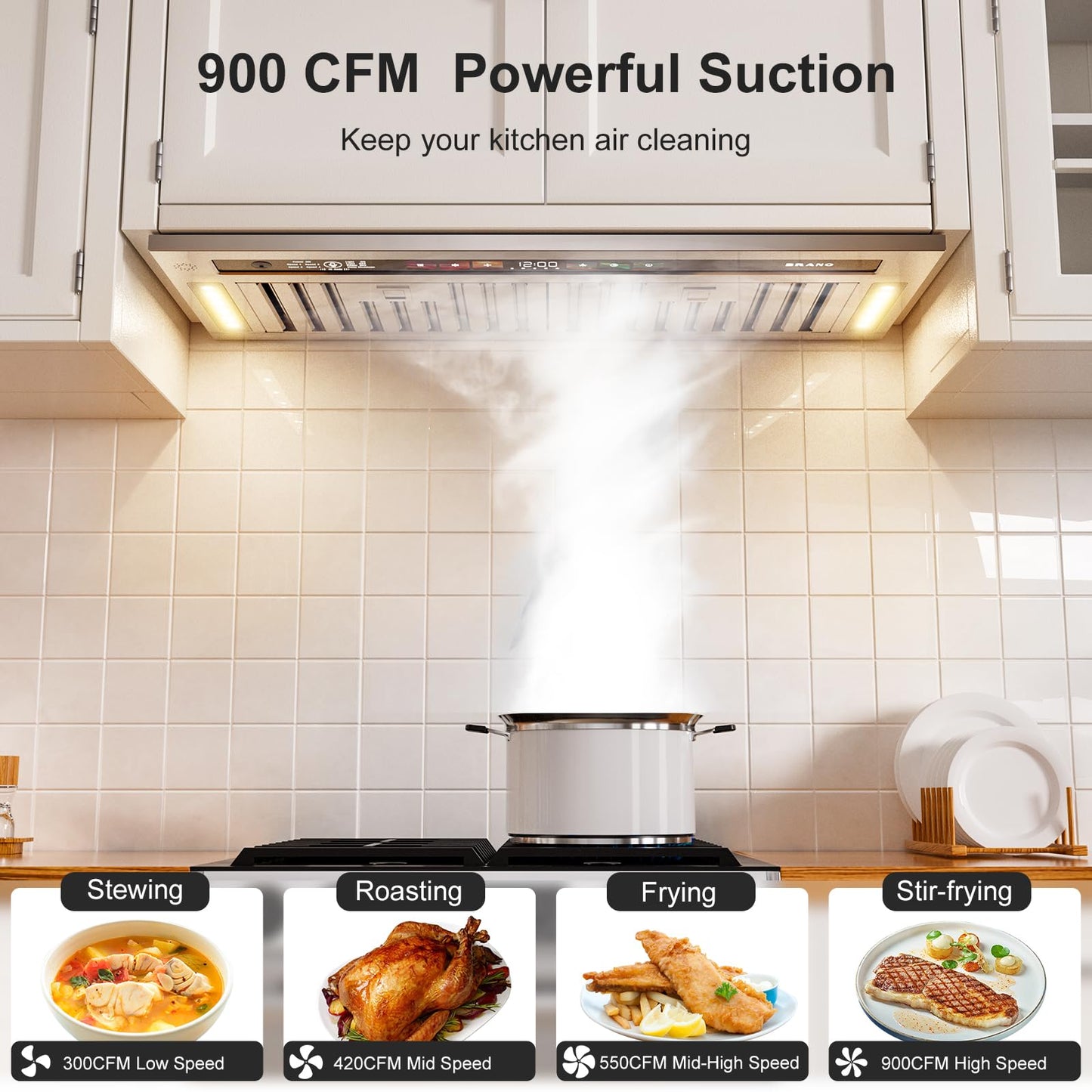 BRANO Range Hood Insert 30 Inch, 900 CFM Smart Voice/Gesture/Touch Control, 4 Speed Exhaust Fan, Stainless Steel Kitchen Hood with Charcoal Filter, Ducted/Ductless Convertible