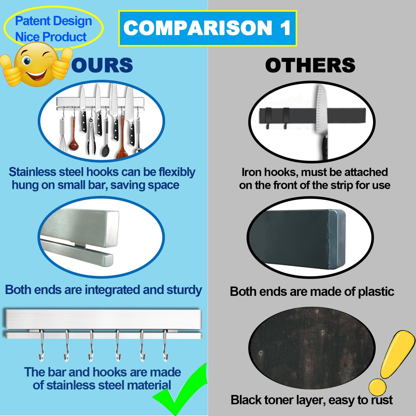 YIIYIIN 12" Premium 304 Stainless Steel Double-Sided Magnetic Knife Holder for Wall -with Adhesive Strip, No Drill -6 Hooks Included for Kitchen Utensils