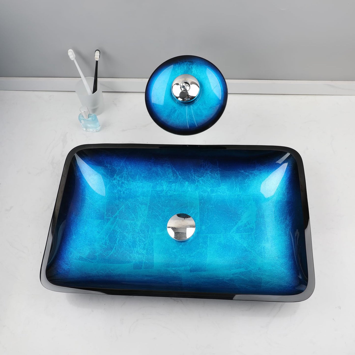 Washly 22" Blue Bathroom Vessel Sink,Rectangle Tempered Glass Washing Sink Bowl with Faucet And Drain, Artistic Bowl Sinks for Bathroom