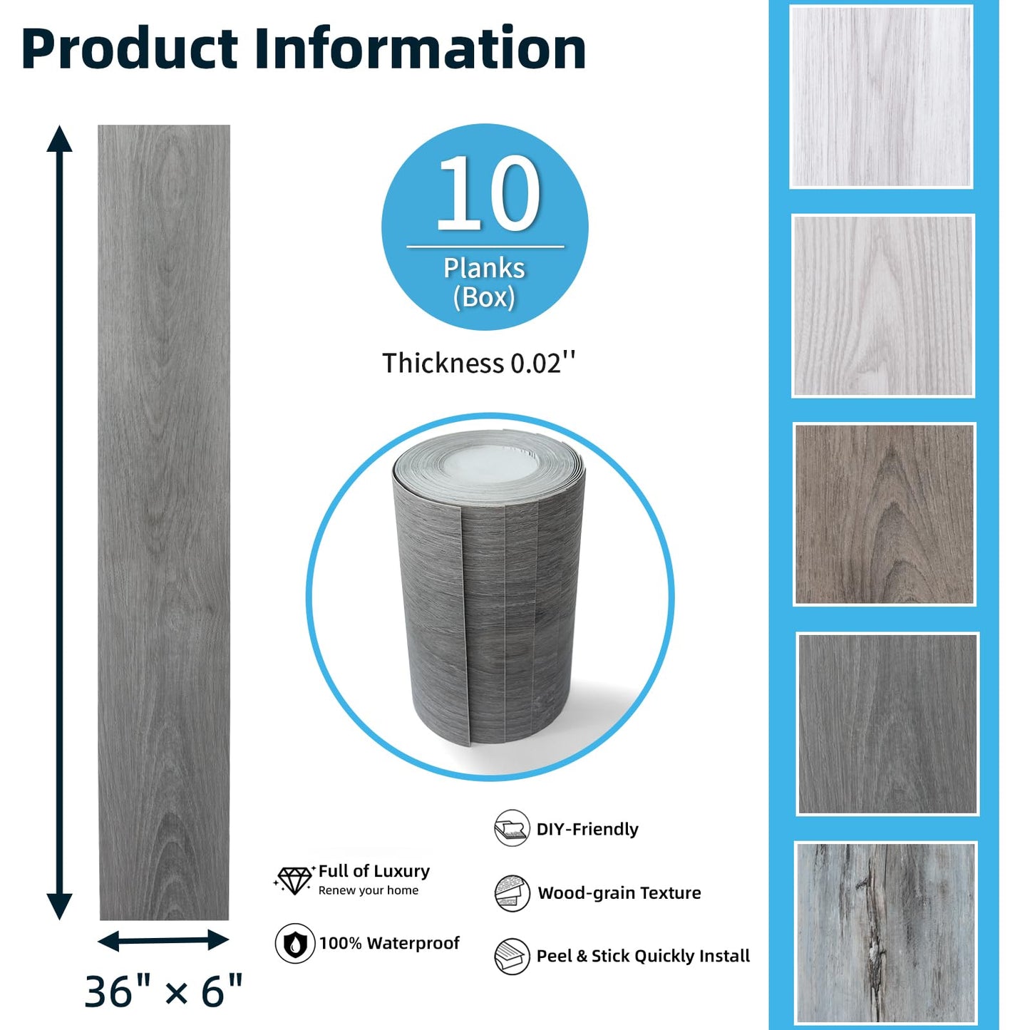 Art3d 15 Sq.ft Peel and Stick Floor Tiles, 10Pcs Luxury Vinyl Plank Flooring Wood Look, 36" × 6" Adhesive and Waterproof Tile Sticker for Bedroom, Living Room, Kitchen, Gray