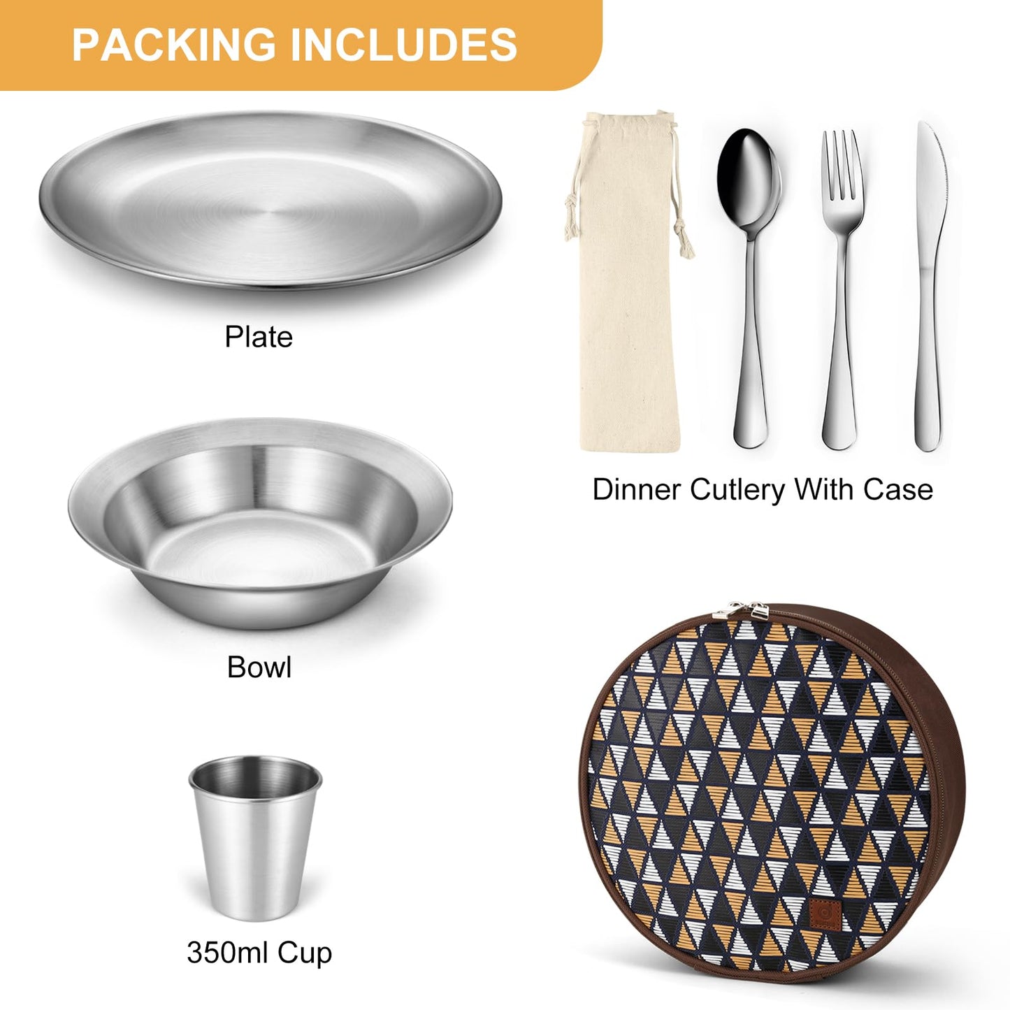 Odoland Stainless Steel Camping Mess Kit for Family & 1 Person, Cooking Tableware Utensils with Plates Bowls Forks Spoons Knives & Savings Bag for Camping, Backpacking, Hiking, Picnic, 1 Person Set