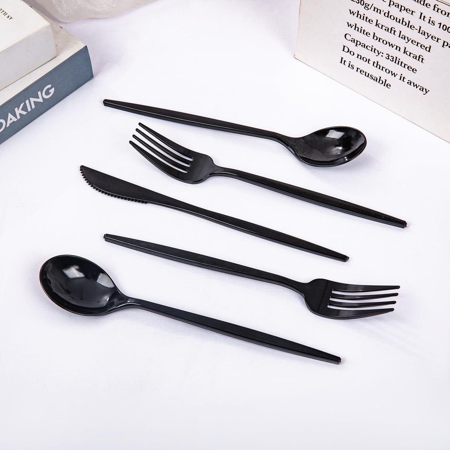 PULOTE 150PCS Black Plastic Silverware Set Disposable - Heavy Duty Black Plastic Cutlery - Black Plastic Utensils Set Include 50 Forks,50 Spoons,50 Knives for Party&Graduation