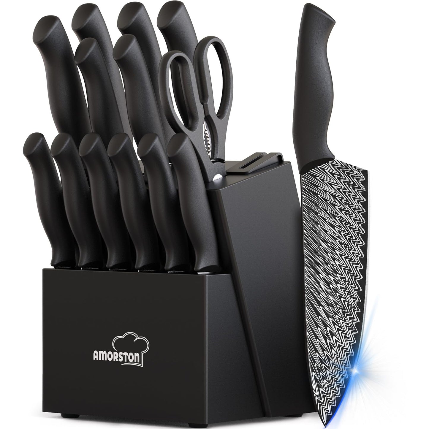 Knife Set, Amorston 15 Pieces Kitchen Knife Set with Built in Knife Sharpener, High Carbon German Stainless Steel Knife Block Set, Black Dishwasher Safe Knives Set, Mothers Day Gifts
