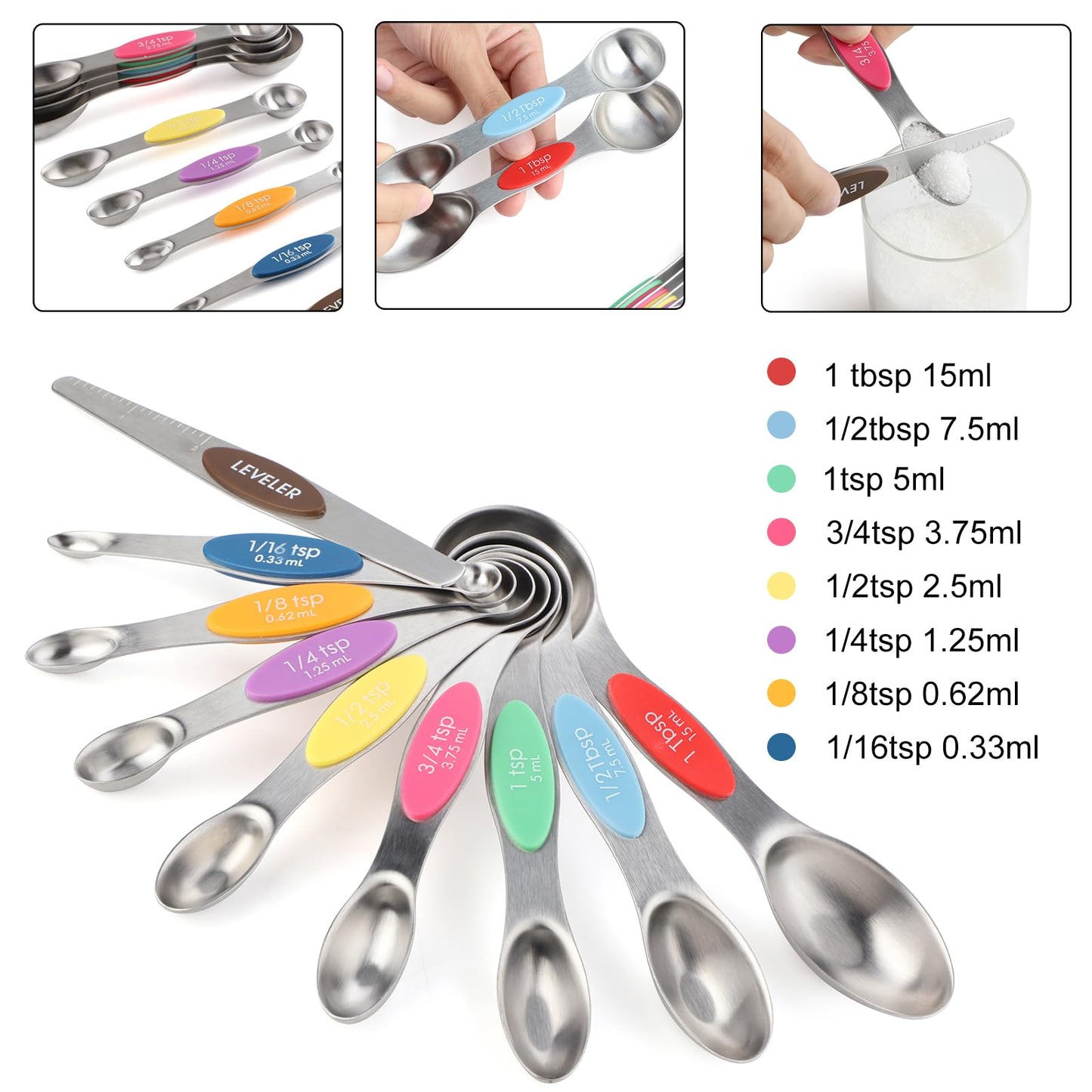 Magnetic Measuring Spoons Set Stainless Steel Dual Sided Stackable Teaspoon Tablespoon Nesting Measuring Spoon for Measuring Dry and Liquid Ingredients Color