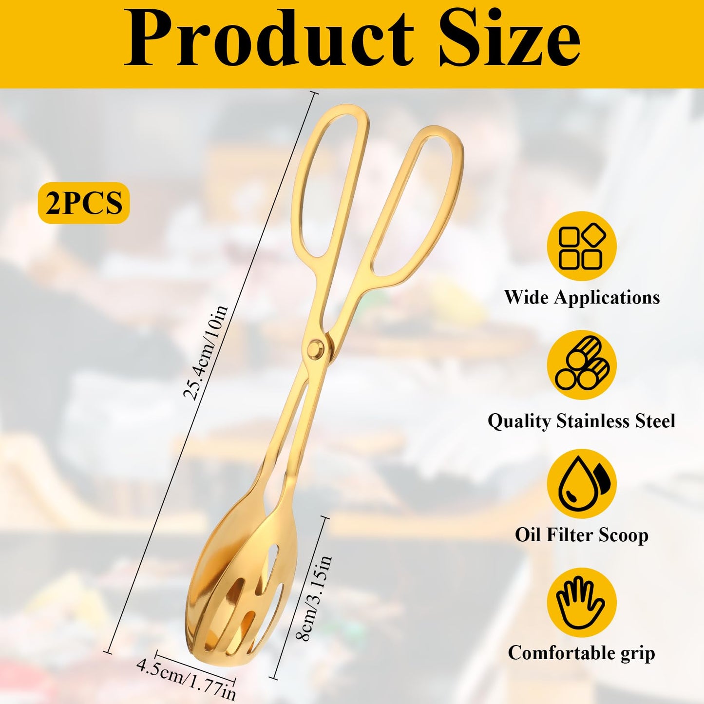 2 Pack Gold Serving Tongs Buffet for Kitchen Serving and Cooking, Thickening Stainless Steel Salad Tongs Food Tong Servings Utensils for Wedding Party Catering (Gold)