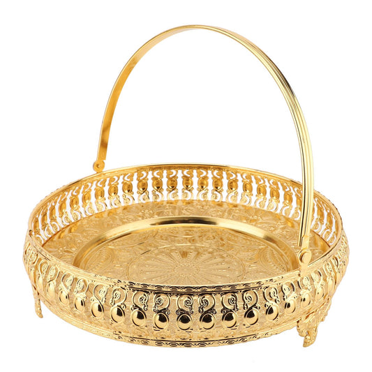 Retro Round Fruit Tray Exquisite Decorative Large Capacity Alloy Dessert Plate Golden Zinc Alloy Fruit Trays for Parties with Handle Decorative Serving Tray for Party Home Bar Cafe