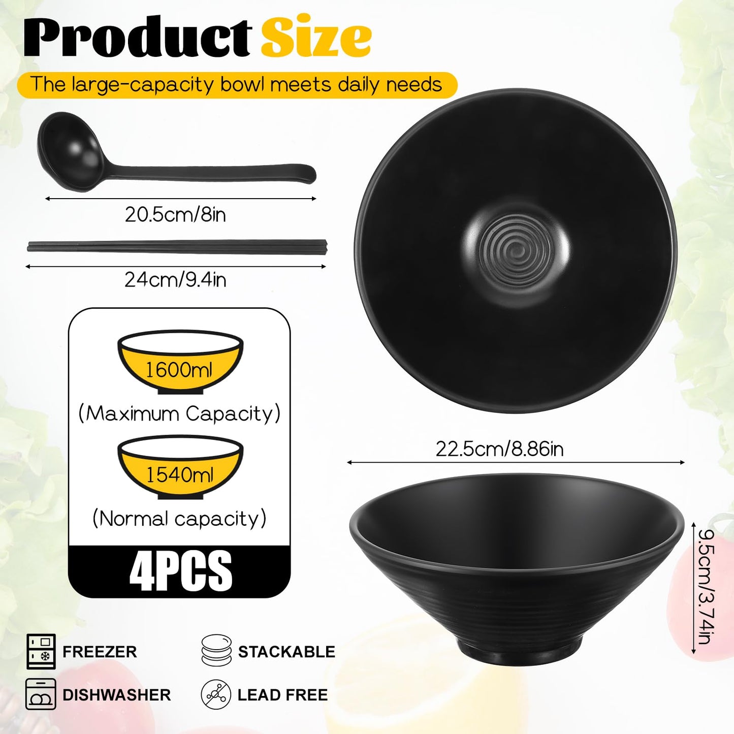 Lyksgir Set of 4 Ramen Bowl Sets, Japanese Style Melamine Bowls and Spoons Set, Black Large Noodle Soup Bowls Sets with Spoons and Chopsticks for Pho Thai Udon Soup Noodles Rice (Black 54 oz)