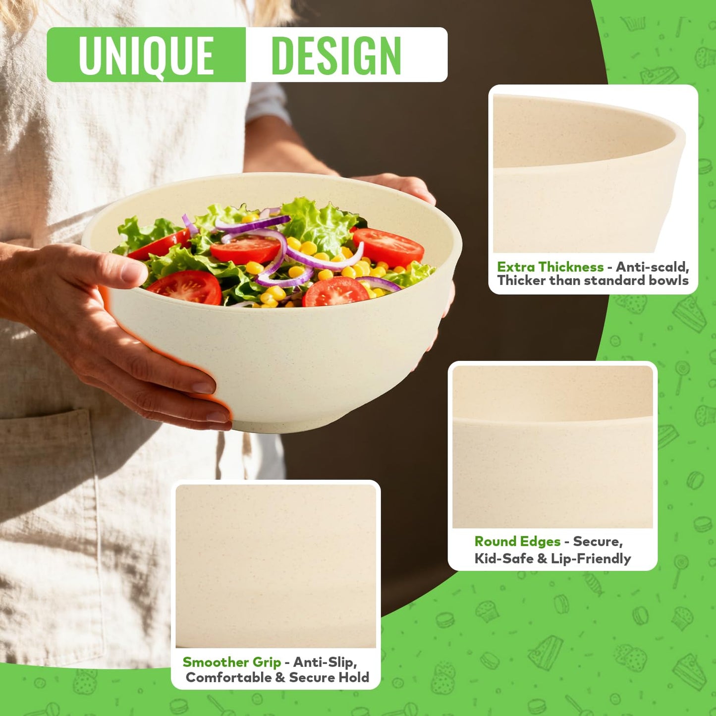Perlapoc Large Wheat Straw Bowls Set of 6, 60 OZ Unbreakable Serving Bowls, Microwave Safe & Dishwasher Safe, Perfect for Salad, Fruit, Cereal, Soup, Ramen, Family Meals, Beige