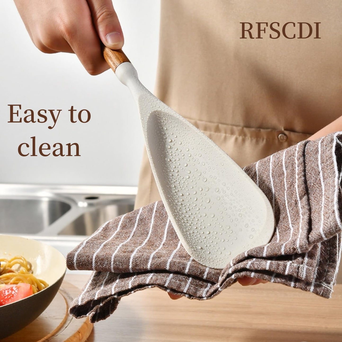 RFSCDI White Silicone Cooking Utensils Set, Kitchen Utensils Set 7 Pcs for cooking, Non-Toxic Spatula Set with Heat Resistant Wood Handles for Nonstick Cookware, (Cream White)