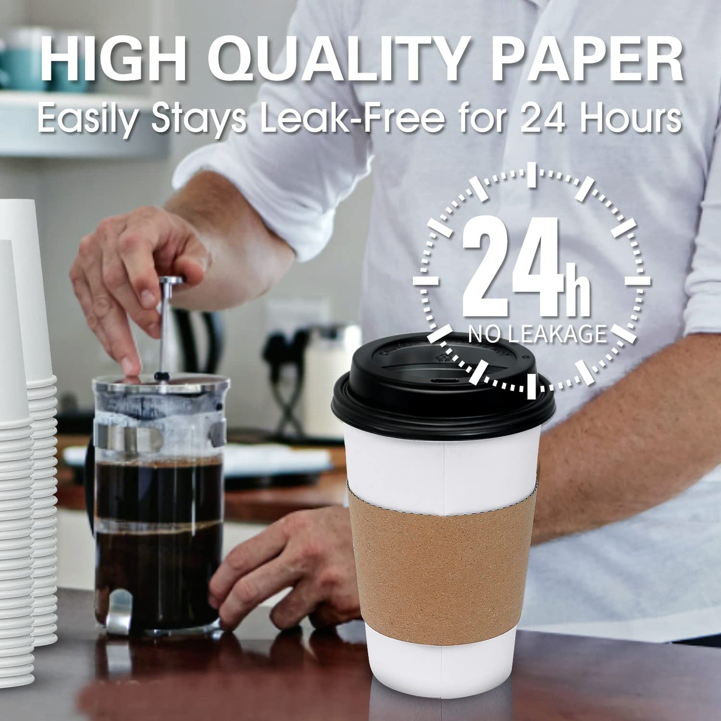 Ginkgo [100 Pack 16 oz Disposable Coffee Cups with Lids and Sleeves - To Go Coffee Cups for Hot Drinks, Chocolate, Cocoa and Coffee Bar
